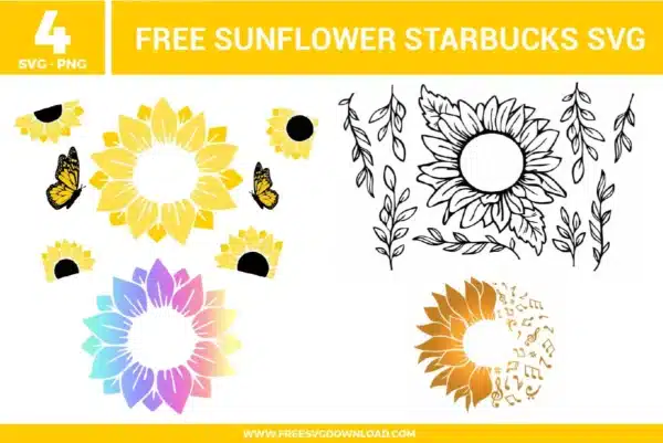 four free svg files featuring Sunflower Starbucks 24 oz cold cup wraps, including a yellow sunflower with monarch butterflies, a colorful purple and blue gradient bloom, intricate black line art botanical vines, and a creative golden sunflower design merged with musical notes.