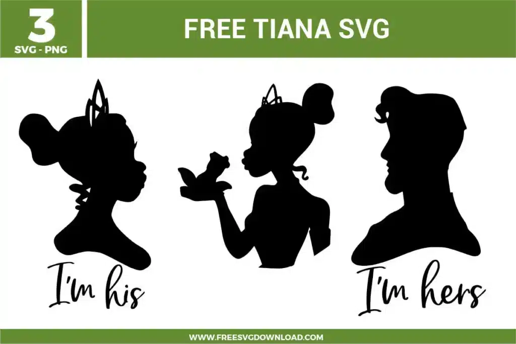 Free Tiana SVG designs showing Princess Tiana silhouette profiles with crown details and romantic couple themed text
