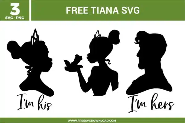 Free Tiana SVG designs showing Princess Tiana silhouette profiles with crown details and romantic couple themed text
