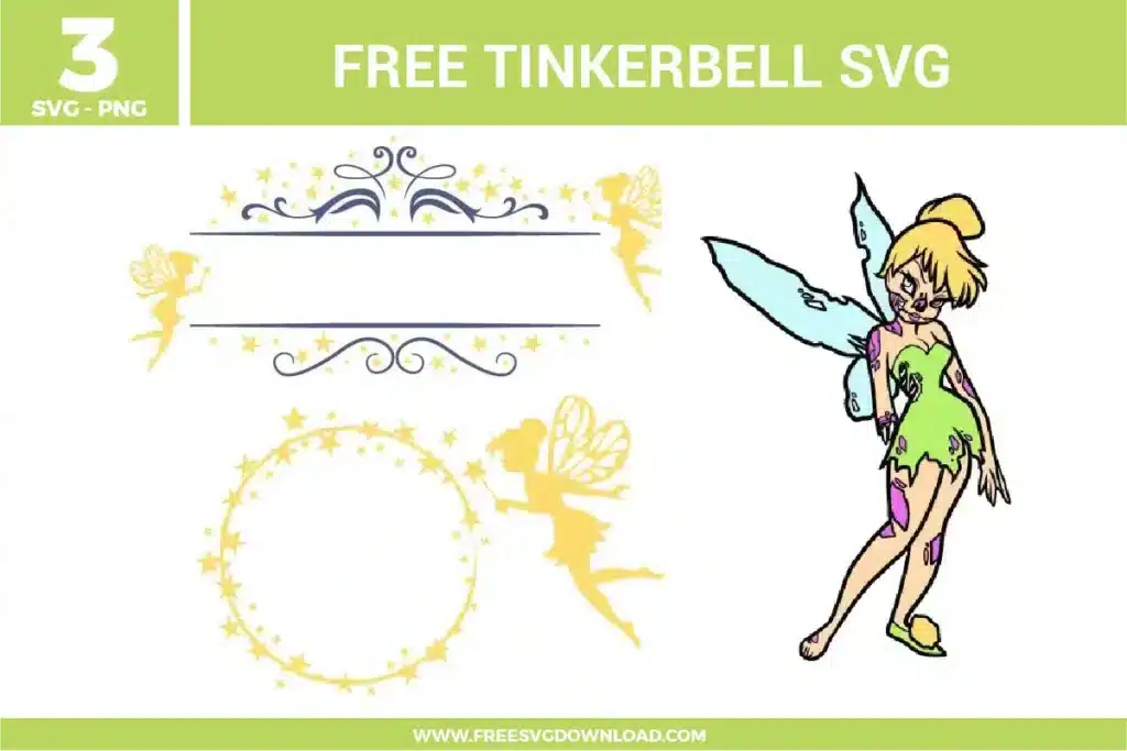 Free Tinkerbell SVG designs showing fairy silhouettes, decorative frames with star accents, and a detailed Tinkerbell character illustration