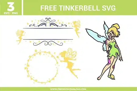 Free Tinkerbell SVG designs showing fairy silhouettes, decorative frames with star accents, and a detailed Tinkerbell character illustration