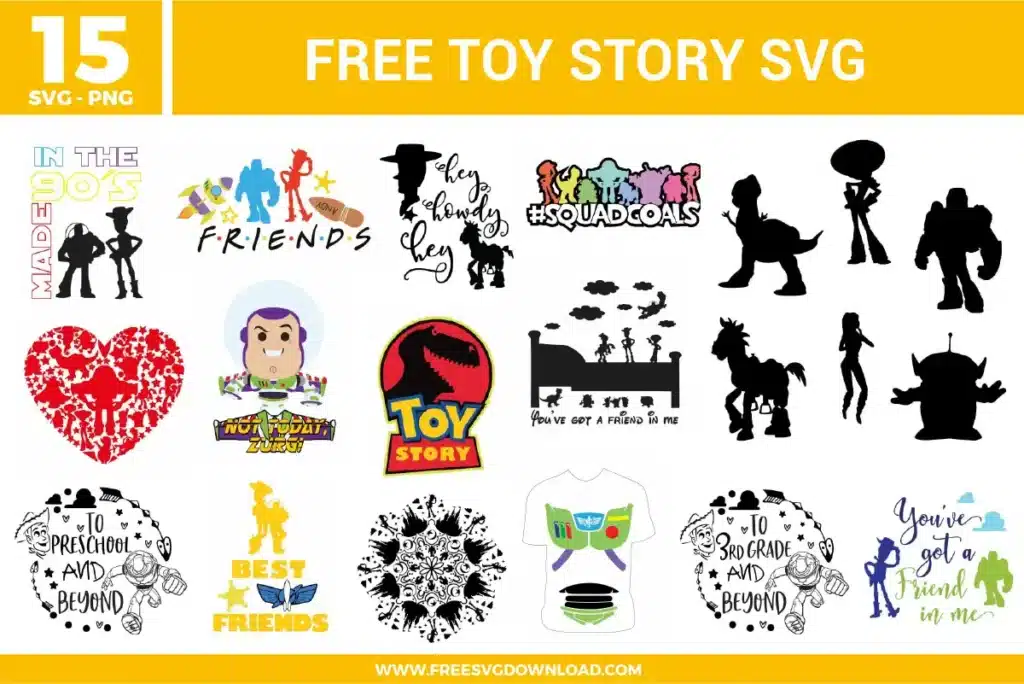 Free Toy Story SVG designs showing Toy Story character silhouettes, friendship quotes, squad themed text, and iconic movie inspired graphics
