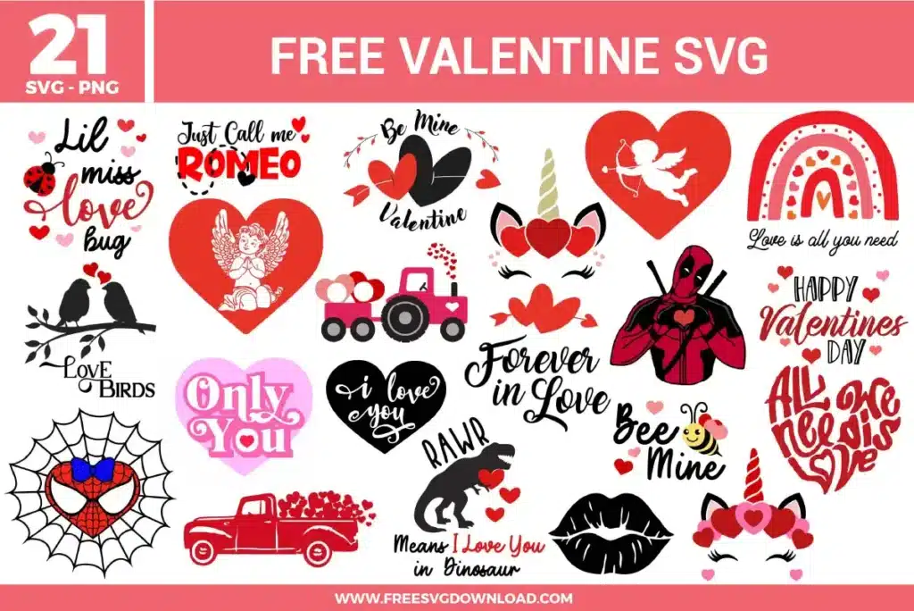 Valentine SVG bundle with love quotes, heart graphics, cupid silhouettes, unicorn hearts, love birds, trucks with hearts, lips icons, rainbow love designs, playful typography, and red pink black Valentine elements.