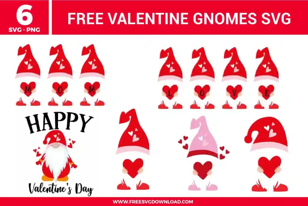 Cute Valentine gnome characters wearing red hats with heart details, holding heart shapes and spelling MOM and LOVE in a playful red and white Valentine theme.