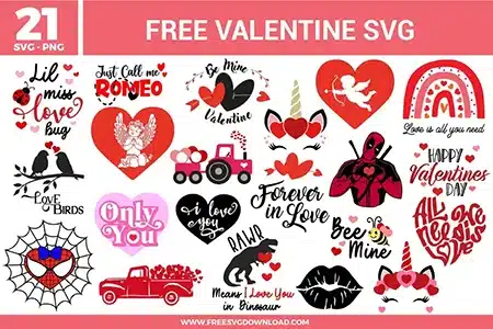 Valentine SVG bundle with love quotes, heart graphics, cupid silhouettes, unicorn hearts, love birds, trucks with hearts, lips icons, rainbow love designs, playful typography, and red pink black Valentine elements.