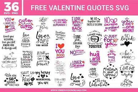 Valentine quote designs with modern hand-lettered phrases, hearts, arrows, playful doodles, and bold typography in pink, red, and black with a mix of sweet and funny vibes.