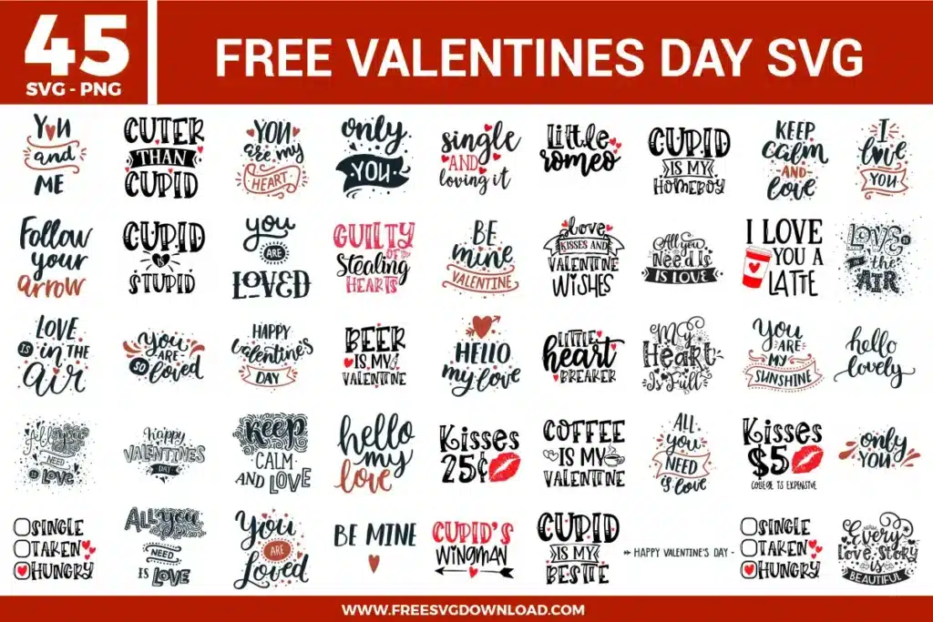 Valentine quote designs with playful hand-lettered phrases, hearts, arrows, coffee cups, kiss marks, and mix of cute and sarcastic typography in red, black, and soft neutral tones.