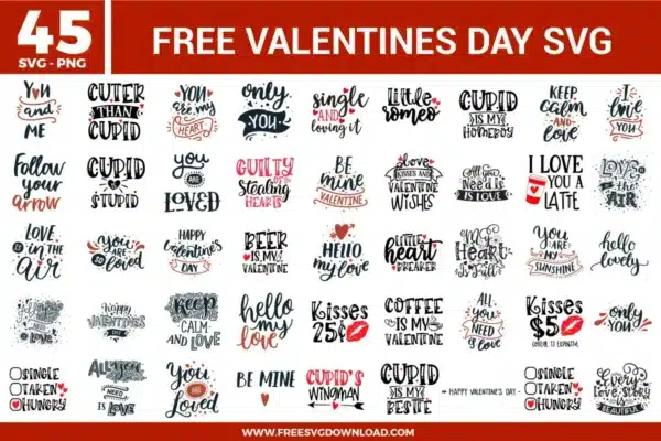 Valentine quote designs with playful hand-lettered phrases, hearts, arrows, coffee cups, kiss marks, and mix of cute and sarcastic typography in red, black, and soft neutral tones.