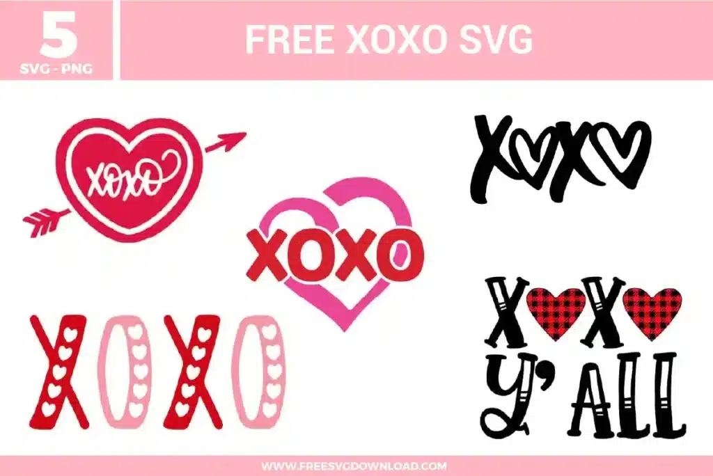 XOXO Valentine SVG designs featuring heart shapes, handwritten XOXO lettering, layered heart outlines, playful arrow hearts, bold red and pink color palettes, and modern love themed typography.