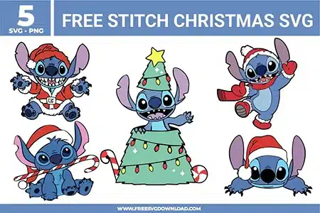 Free Stitch Christmas SVG designs showing Stitch wearing Santa hats, scarves, and festive outfits with candy canes and Christmas tree elements