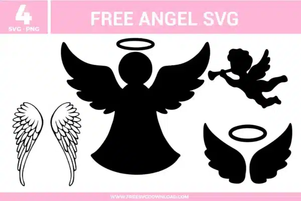 A versatile set of four free svg files featuring heavenly silhouettes and angel motifs. The collection includes a solid black angel silhouette with a halo, a flying cherub playing a trumpet, a pair of detailed line-art wings, and a minimalist winged halo design. These high-contrast black graphics are perfect for clean vinyl cuts and religious-themed crafting projects.