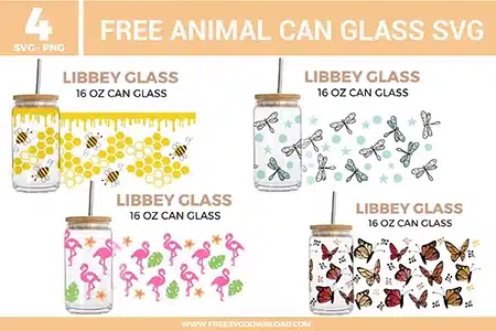 Animal Can Glass SVG bundle preview showing four 16 oz can glass wrap designs with bees, honeycomb patterns, dragonflies, flamingos, butterflies, flowers, stars, and colorful drinkware graphics for Cricut and Silhouette.