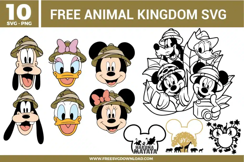 Free Animal Kingdom SVG designs showing Mickey Minnie Goofy Daisy and Donald in safari themed character styles with group illustrations and nature inspired elements
