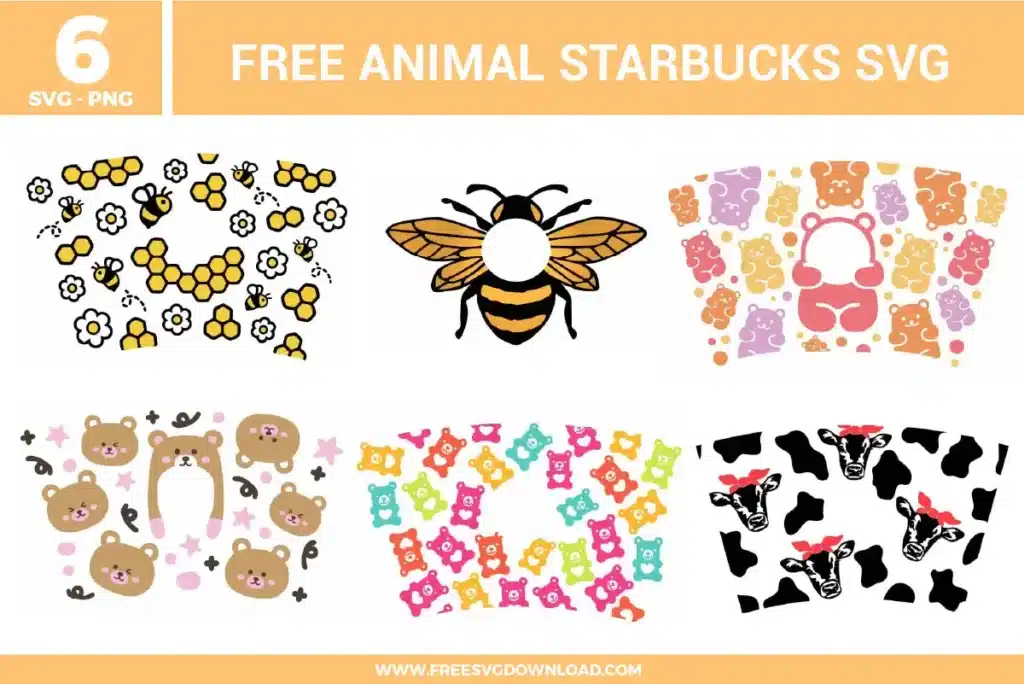 Six free svg files featuring cute animal-themed full wrap and decal designs crafted for 24 oz Starbucks cold cups. The bundle includes a yellow honeybee and honeycomb pattern with white flowers; a standalone large honeybee decal with a central circle cutout; a pastel gummy bear pattern wrap in orange, purple, and yellow tones; a brown teddy bear face pattern with soft pink stars; a vibrant colorful teddy bear pattern featuring pink, green, orange, and blue elements; and a bold black and white cow print wrap accented by illustrated cows wearing bright red headbands.