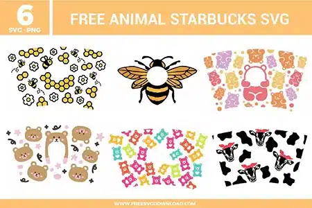 Six free svg files featuring cute animal-themed full wrap and decal designs crafted for 24 oz Starbucks cold cups. The bundle includes a yellow honeybee and honeycomb pattern with white flowers; a standalone large honeybee decal with a central circle cutout; a pastel gummy bear pattern wrap in orange, purple, and yellow tones; a brown teddy bear face pattern with soft pink stars; a vibrant colorful teddy bear pattern featuring pink, green, orange, and blue elements; and a bold black and white cow print wrap accented by illustrated cows wearing bright red headbands.