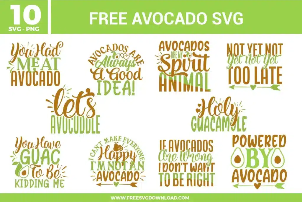 Free avocado svg files collection containing 10 funny avocado quote typography designs, rendered in earthy shades of forest green, olive brown, and tan, featuring creative layouts like "let's AVOCUDDLE", "Holy GUACAMOLE", and "POWERED BY AVOCADO" with minimalist avocado slice vector graphics.