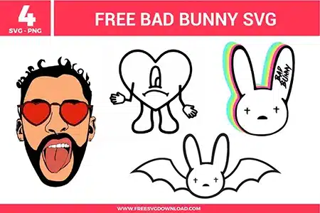 Four free svg files highlighting popular graphic designs inspired by artist Bad Bunny. The vector collection features a detailed cartoon portrait of the musician with a black beard and red heart sunglasses, the iconic sad heart character with tiny arms from the Un Verano Sin Ti album, a rabbit head outline featuring a vibrant cyan, yellow, and pink neon pastel glow backing, and a black-outlined rabbit logo paired with extended bat wings.