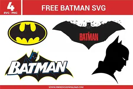 A collection of 4 free svg files featuring Batman designs, including the classic yellow and black oval bat signal, the gritty red and black "The Batman" movie logo with bats, a comic-style Batman text emblem, and a sharp black silhouette of the Caped Crusader's profile for heroic vinyl crafts.