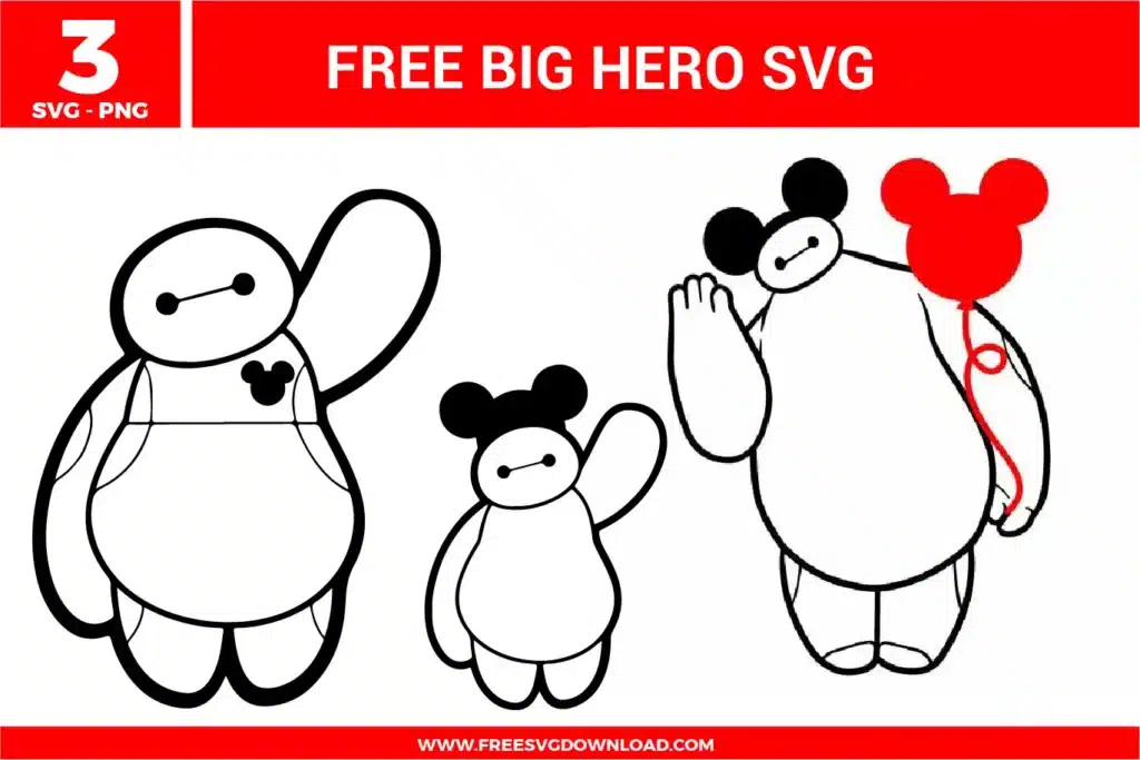 Free Big Hero SVG designs showing Baymax inspired character line art with Mickey style elements, rounded shapes, and playful poses