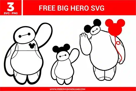 Free Big Hero SVG designs showing Baymax inspired character line art with Mickey style elements, rounded shapes, and playful poses