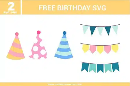 A collection of free svg files featuring colorful birthday hats and festive bunting banners. The designs showcase pastel shades of pink, yellow, blue, and teal with patterns like polka dots and stripes. These high-quality free svg files are perfect for creating birthday party invitations, cake toppers, scrapbook layouts, and nursery wall art.