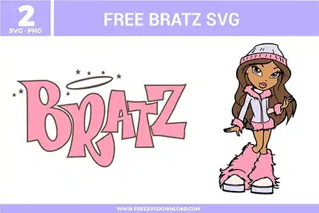 2 free svg files featuring Bratz designs, including the iconic pink Bratz logo with a halo and stars, and a stylish Bratz character illustration wearing a pink winter outfit with a beanie and furry boots for Y2K themed vinyl crafts.