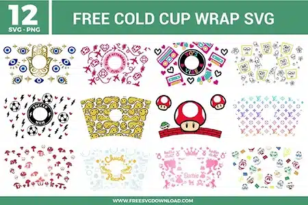12 free cold cup wrap SVG files featuring 90s vibe, anime, gaming, sports, and cartoon themes perfectly fitted for 24 oz Starbucks cups.