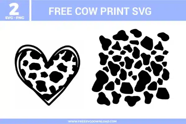 A bundle of 2 free svg files for western and animal print designs featuring a stylized cow pattern. The set includes a hand-drawn heart outline filled with spots and a square-shaped cow print patch. These designs use a classic black and white color palette with irregular organic shapes for a farmhouse or rodeo aesthetic, perfect for high-quality free svg files.