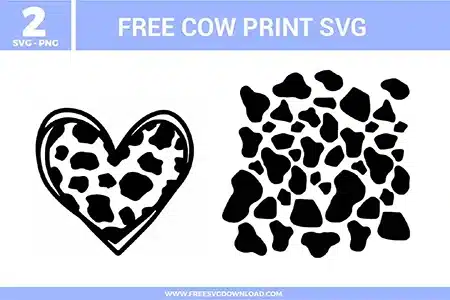 A bundle of 2 free svg files for western and animal print designs featuring a stylized cow pattern. The set includes a hand-drawn heart outline filled with spots and a square-shaped cow print patch. These designs use a classic black and white color palette with irregular organic shapes for a farmhouse or rodeo aesthetic, perfect for high-quality free svg files.