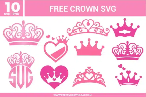 Ten ornate pink tiara and headpiece designs from the Crown SVG bundle, provided as free svg files for royal-themed crafts.
