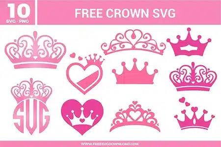 Ten ornate pink tiara and headpiece designs from the Crown SVG bundle, provided as free svg files for royal-themed crafts.