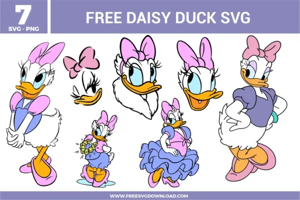 Free Daisy Duck SVG designs showing classic Daisy Duck character poses, facial expressions, bow accents, and outfit styles