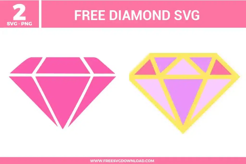 Two geometric gemstone designs from the Diamond SVG bundle, including a pink silhouette and a purple multi-faceted gem, provided as free svg files for glamorous DIYs.