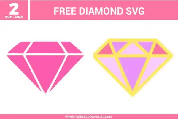 Two geometric gemstone designs from the Diamond SVG bundle, including a pink silhouette and a purple multi-faceted gem, provided as free svg files for glamorous DIYs.