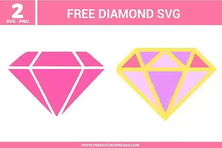 Two geometric gemstone designs from the Diamond SVG bundle, including a pink silhouette and a purple multi-faceted gem, provided as free svg files for glamorous DIYs.