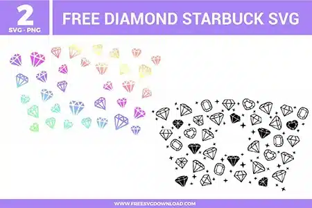 Two free svg files displaying diamond-themed full wrap patterns meticulously sized for a 24 oz Starbucks cold cup. The first design on the left is a scattered multi-sized geometric diamond pattern rendering a soft pastel rainbow gradient transition featuring shades of purple, pink, yellow, and mint green. The second design on the right shows a high-contrast black and white vector pattern containing mixed gem shapes including traditional diamonds, heart-cut gems, oval emerald cuts, solid black filled diamonds, and tiny four-pointed sparkle stars surrounding an open circular frame for the center emblem.