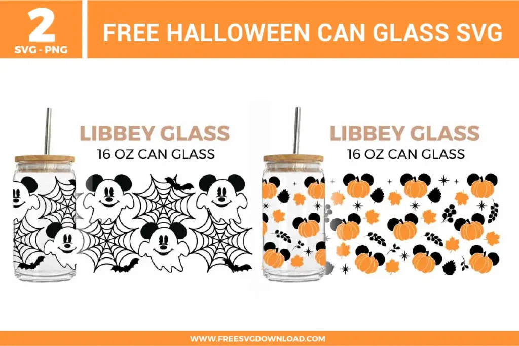 Disney Halloween Can Glass SVG bundle preview showing two 16 oz can glass wrap designs with Mickey-style ghost faces, spider webs, bats, pumpkins, leaves, and Halloween drinkware patterns for Cricut and Silhouette.
