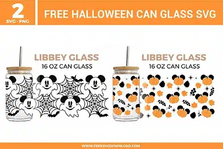 Disney Halloween Can Glass SVG bundle preview showing two 16 oz can glass wrap designs with Mickey-style ghost faces, spider webs, bats, pumpkins, leaves, and Halloween drinkware patterns for Cricut and Silhouette.