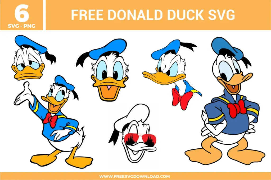 Free Donald Duck SVG designs showing classic Donald Duck character poses, facial expressions, head illustrations, and playful outfit details