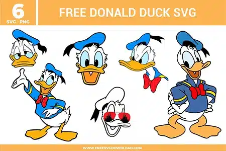 Free Donald Duck SVG designs showing classic Donald Duck character poses, facial expressions, head illustrations, and playful outfit details