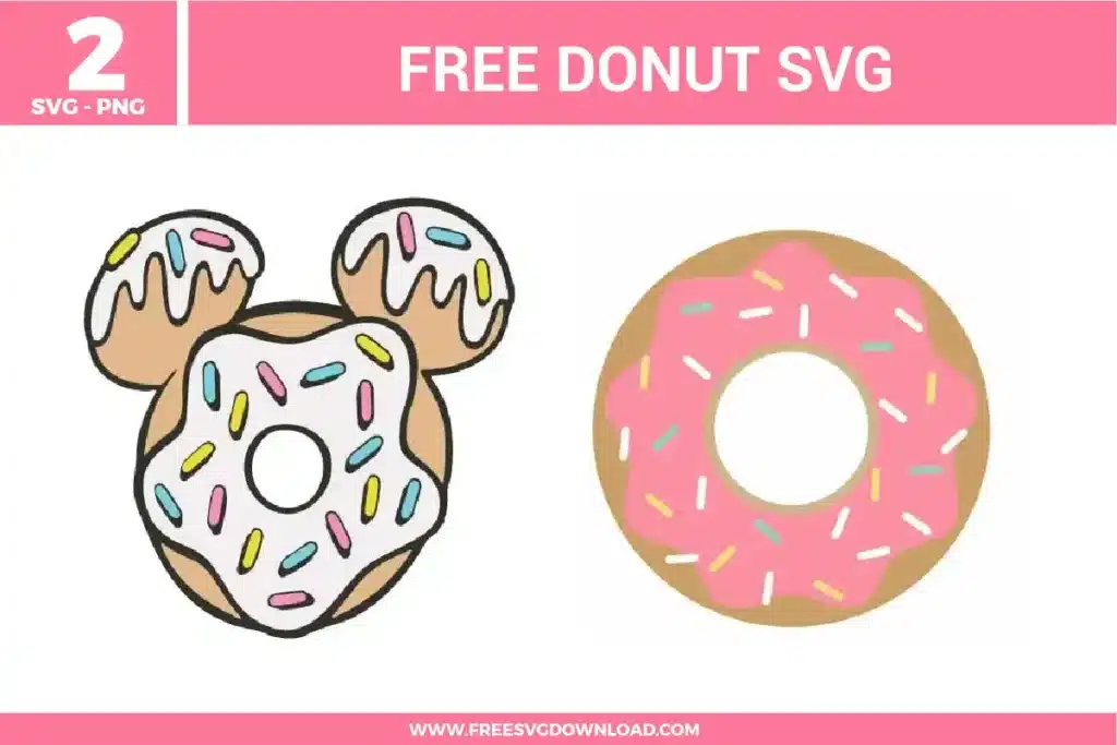 Free svg files showcasing two delicious donut svg designs, including a Mickey Mouse shaped donut with dripping white frosting covered in colorful pastel sprinkles, alongside a classic round donut featuring vibrant pink icing and white sprinkle decorations, both drawn with clean black outlines.