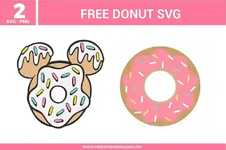 Free svg files showcasing two delicious donut svg designs, including a Mickey Mouse shaped donut with dripping white frosting covered in colorful pastel sprinkles, alongside a classic round donut featuring vibrant pink icing and white sprinkle decorations, both drawn with clean black outlines.