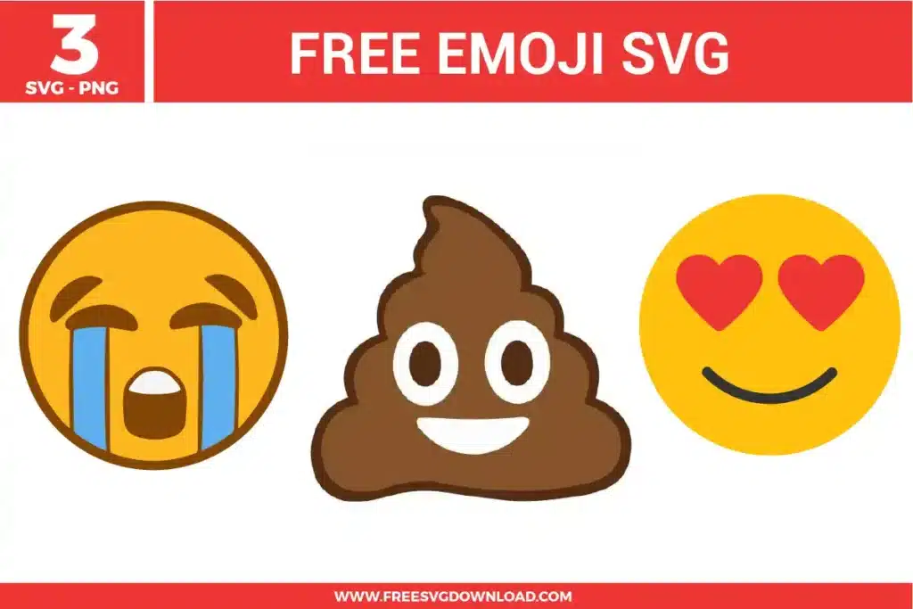 Three popular emoji free svg files arranged in a row. The collection features a yellow crying face emoji with bold light blue tear graphics and a brown outline, a smiling brown poop emoji with wide white cartoon eyes, and a bright yellow smiling face emoji with two distinct red hearts for eyes.