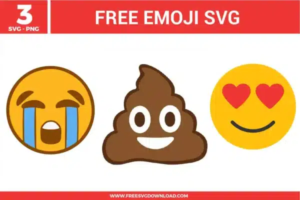 Three popular emoji free svg files arranged in a row. The collection features a yellow crying face emoji with bold light blue tear graphics and a brown outline, a smiling brown poop emoji with wide white cartoon eyes, and a bright yellow smiling face emoji with two distinct red hearts for eyes.