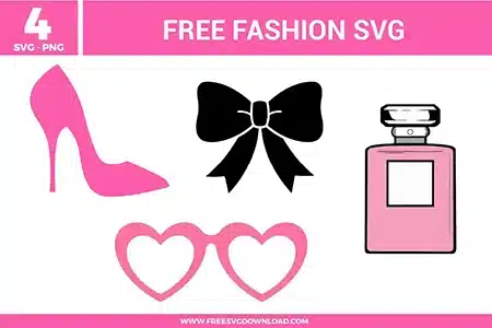 High heel, coquette bow, perfume bottle, and heart sunglasses from the Fashion SVG bundle, offered as free svg files for chic DIYs.