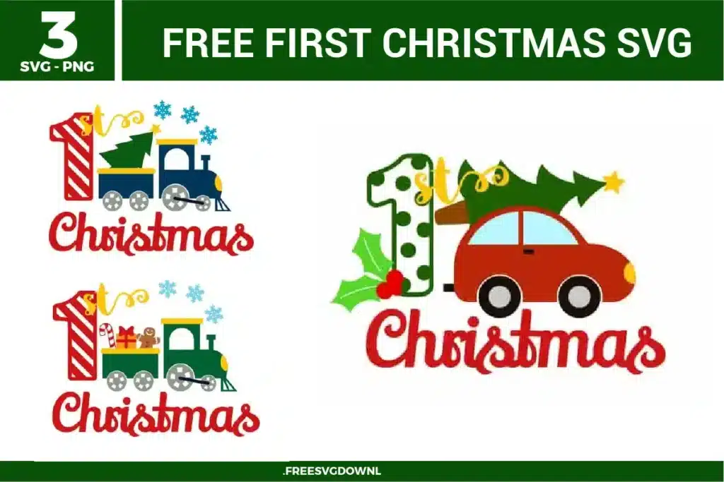 Three colorful holiday transportation designs from the First Christmas SVG bundle, available as free svg files for baby gifts.