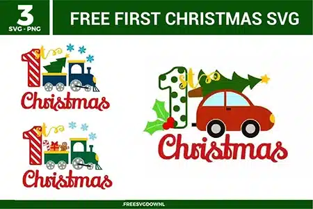 Three colorful holiday transportation designs from the First Christmas SVG bundle, available as free svg files for baby gifts.