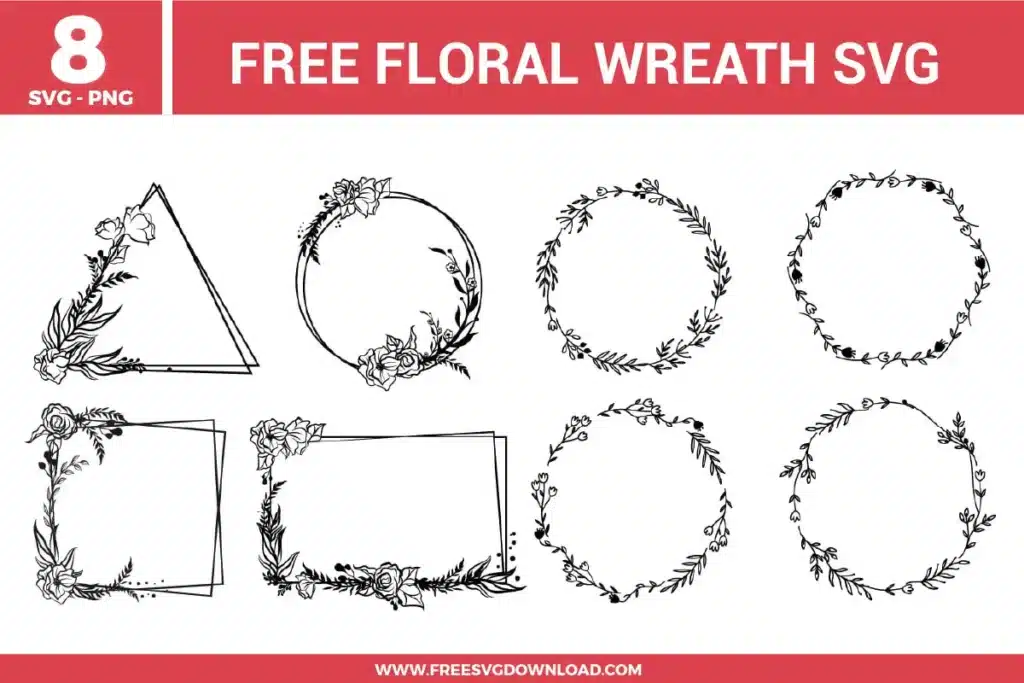 eight free svg files featuring elegant black floral wreath designs, including geometric frames like triangles, circles, and rectangles intertwined with botanical roses and leaves, perfect for wedding monograms and custom DIY labels.