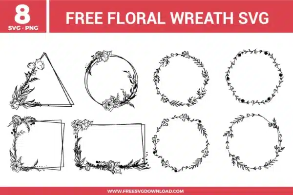 eight free svg files featuring elegant black floral wreath designs, including geometric frames like triangles, circles, and rectangles intertwined with botanical roses and leaves, perfect for wedding monograms and custom DIY labels.