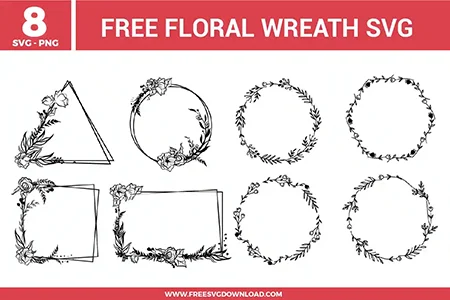 eight free svg files featuring elegant black floral wreath designs, including geometric frames like triangles, circles, and rectangles intertwined with botanical roses and leaves, perfect for wedding monograms and custom DIY labels.